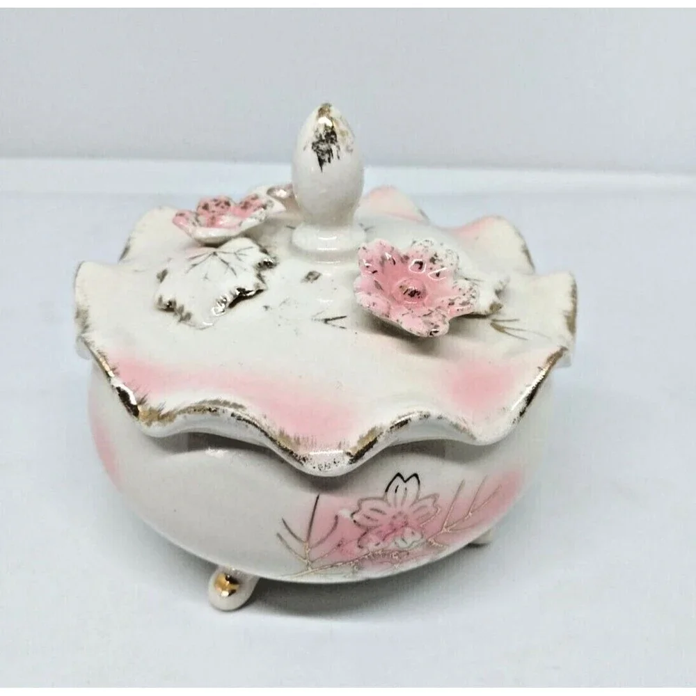 VTG Pink Flower Ceramic Trinket Box with Ivory Gold Lid Hand Painted Japan